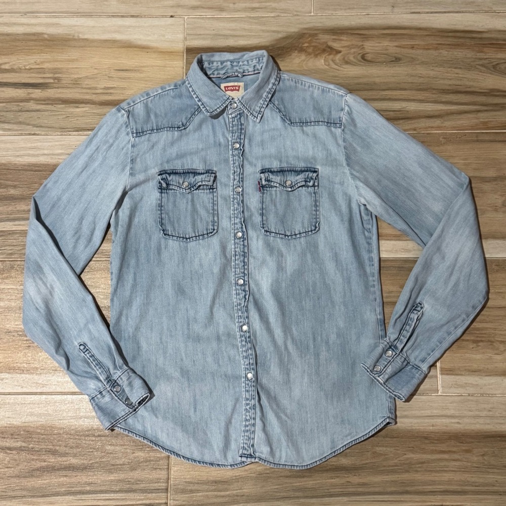 Levis Mens Light Wash Denim Western Pearl Snap Shirt M 651810002